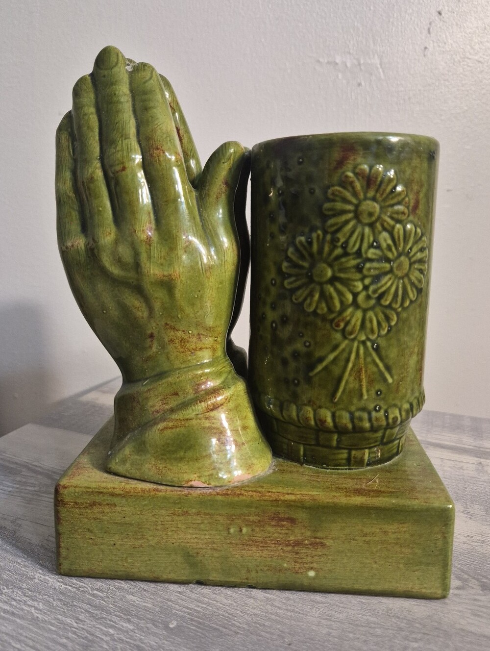 Vintage Green Ceramic Praying Hands & Vase Decorative Sculpture